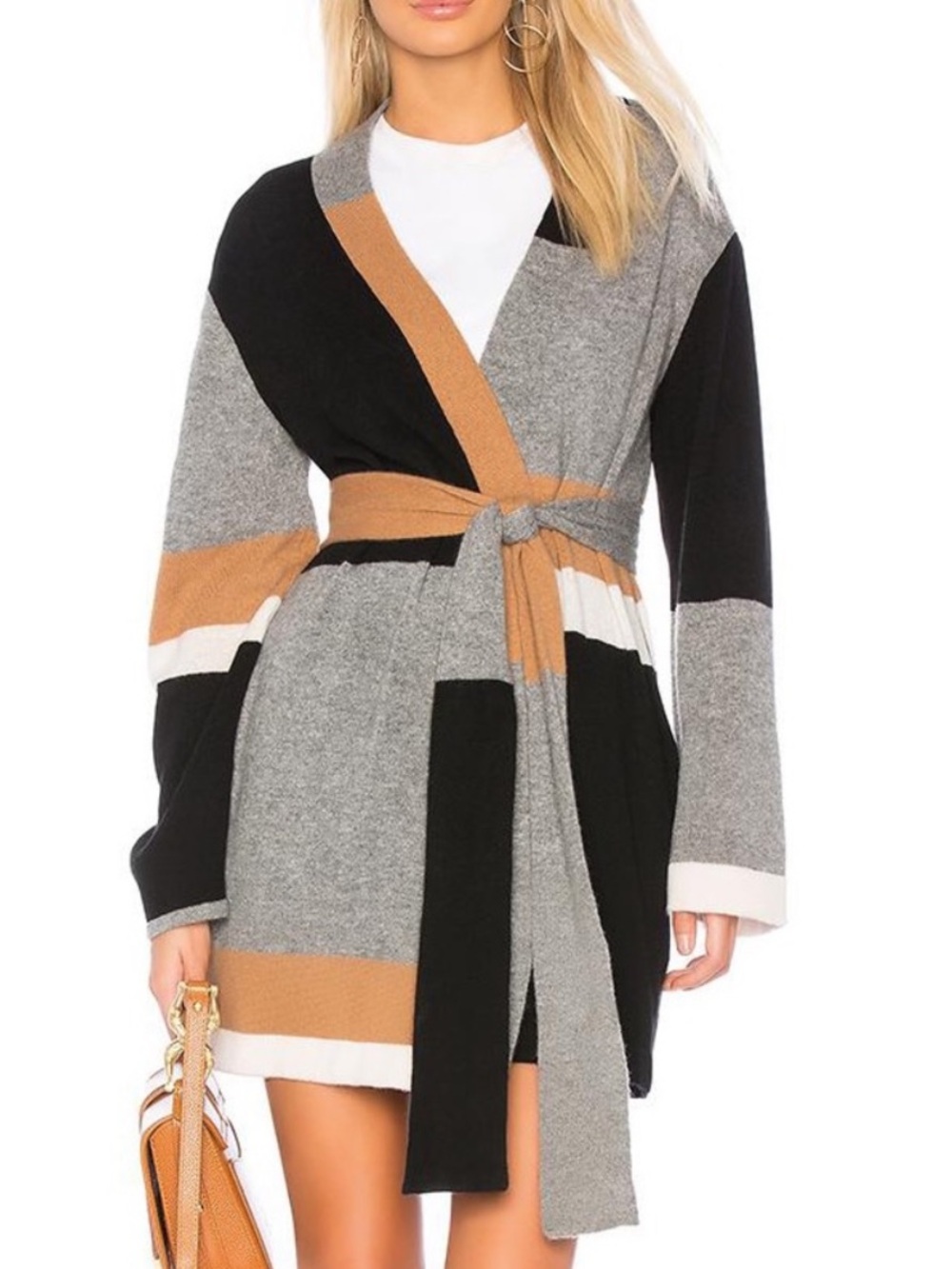 360 Cashmere Retro Black, Gray, Brown Colorblock Belted Cardigan Sweater Duster